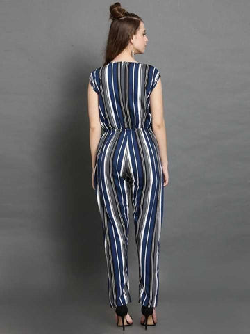 Darzi Women's Crepe Stripe Print Cap Sleeves Jumpsuit Roposo Clout